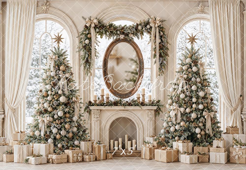 Kate Christmas Vintage Fireplace Window Christmas Tree Gifts Printed Backdrop Designed by Emetselch