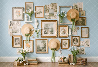 Kate Vintage Wall Botanical Frames Floral Hats Blue Printed Backdrop Designed by Emetselch