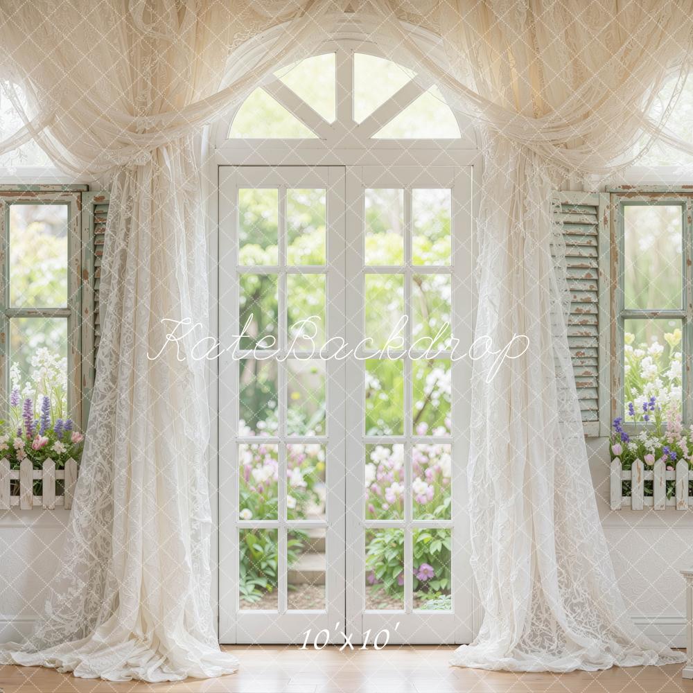 Kate Spring White Drapes Arched French Doors Flower Garden Printed Backdrop Designed by Mini MakeBelieve