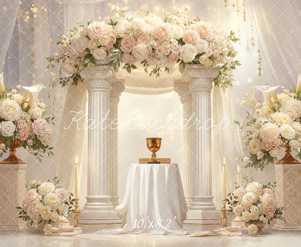 Kate Romantic Flower Arch White Columns Arrangement Printed Backdrop Designed by Chain Photography