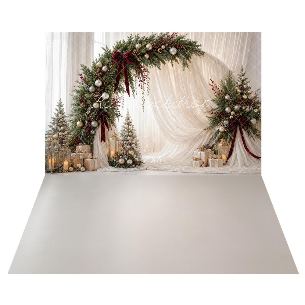 Kate Christmas Circle Flower Arch White Drapes Gold Ornaments Gifts Printed Backdrop+White Floor Printed Backdrop