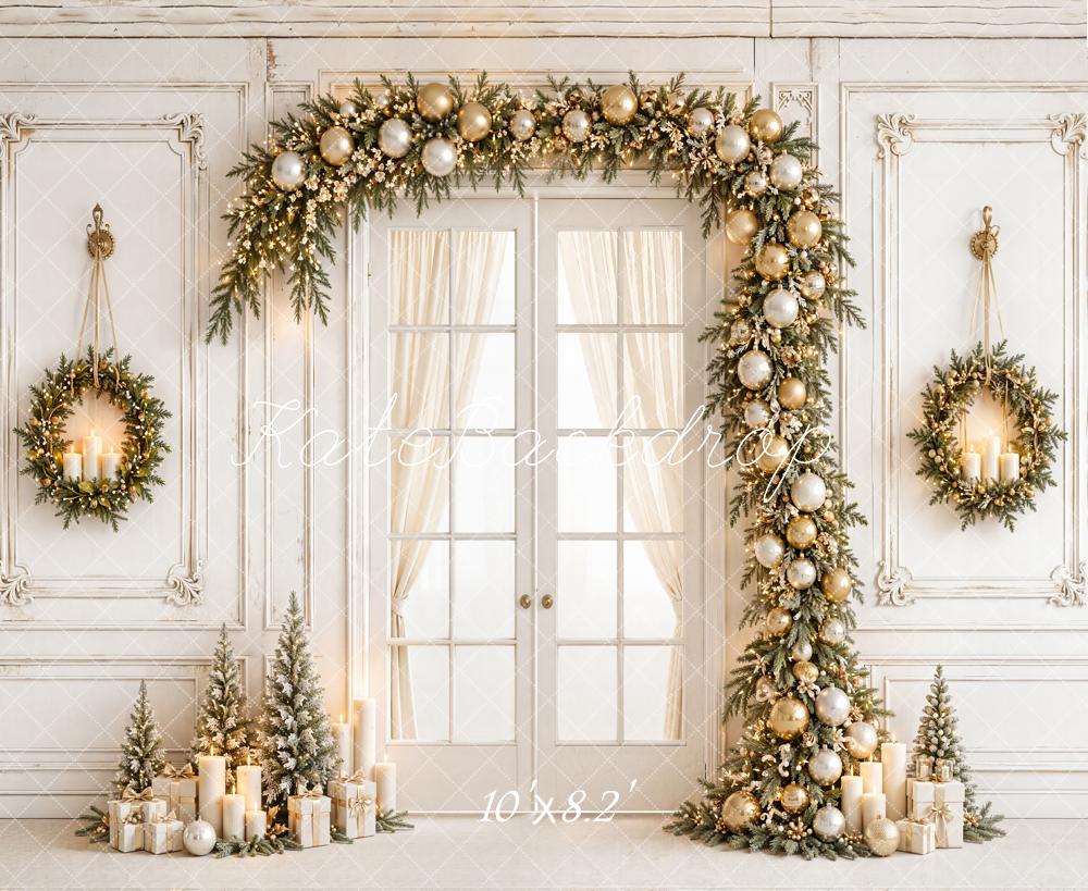 Kate Christmas White Gold Garland Wreaths French Doors Printed Backdrop Designed by Emetselch