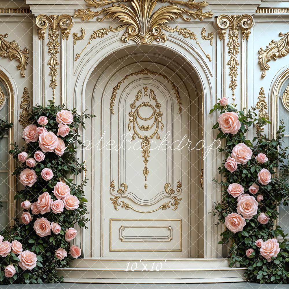 Kate Spring Elegant Gold French Door Pink Roses Backdrop Designed by Mini MakeBelieve