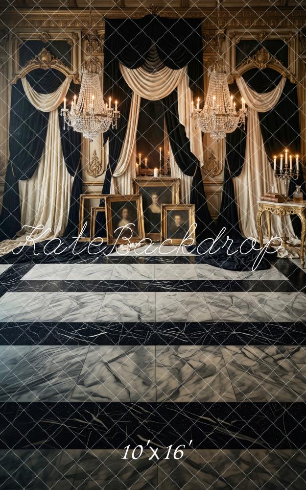 Kate Sweep Vintage Palace Chandeliers Drapes Marble Floor Printed Backdrop Designed by Patty Roberts