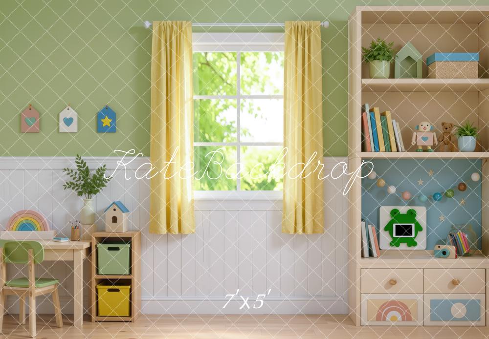 Kate Kids Toys Playroom Window Cabinet Desk Printed Backdrop Designed by Mini MakeBelieve