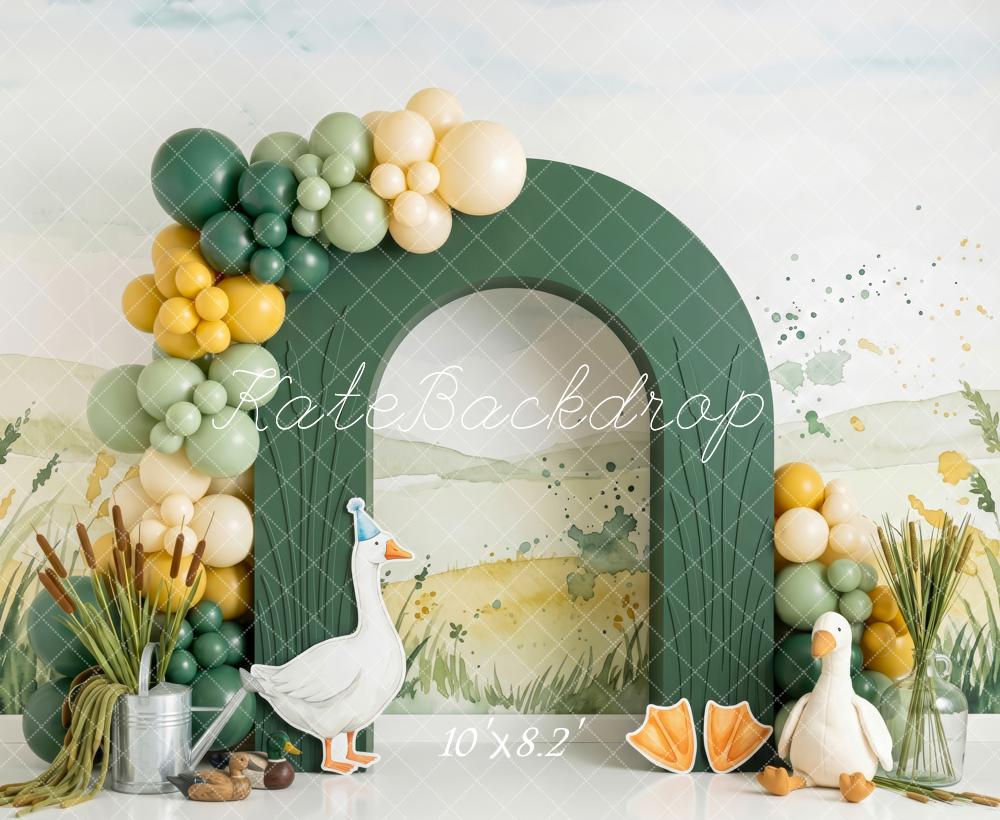 Kate Spring Birthday Green Garden Arch Geese Balloon Garland Printed Backdrop Designed by Patty Roberts