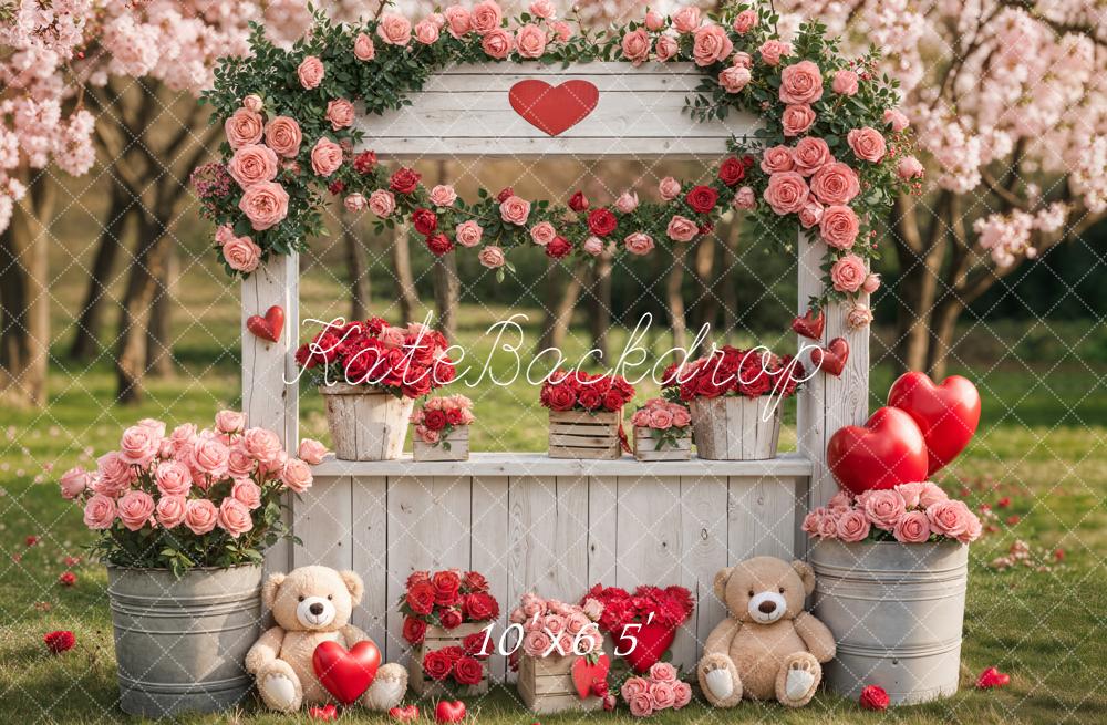 Kate Valentine's Day Flower Arch Pink Roses Heart Balloons Teddy Bears Backdrop Designed by Emetselch