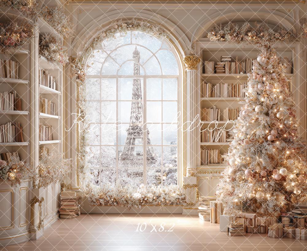 Kate Christmas Bookcase Arch Window Tree Eiffel Tower Backdrop Designed by Ashley Paul