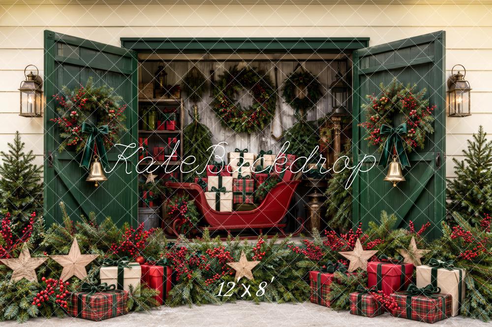 Kate Christmas Green Door Sleigh Wreath Gift Display Printed Backdrop Designed by Patty Roberts