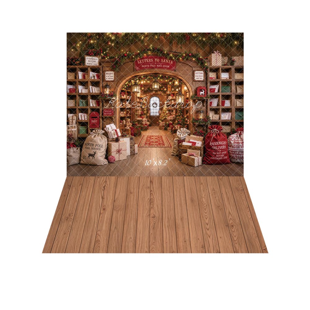 Kate Christmas Mail Room Letters to Santa Workshop Printed Backdrop+Brown Wood Plank Retro Wall Printed Backdrop
