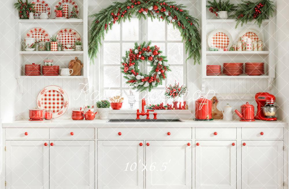 Kate Christmas Kitchen Red Plaid Dishes Garland Wreath Window Backdrop Designed by Emetselch