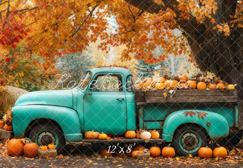 Kate Fall Vintage Blue Truck Pumpkins Maple Tree Backdrop Designed by Emetselch