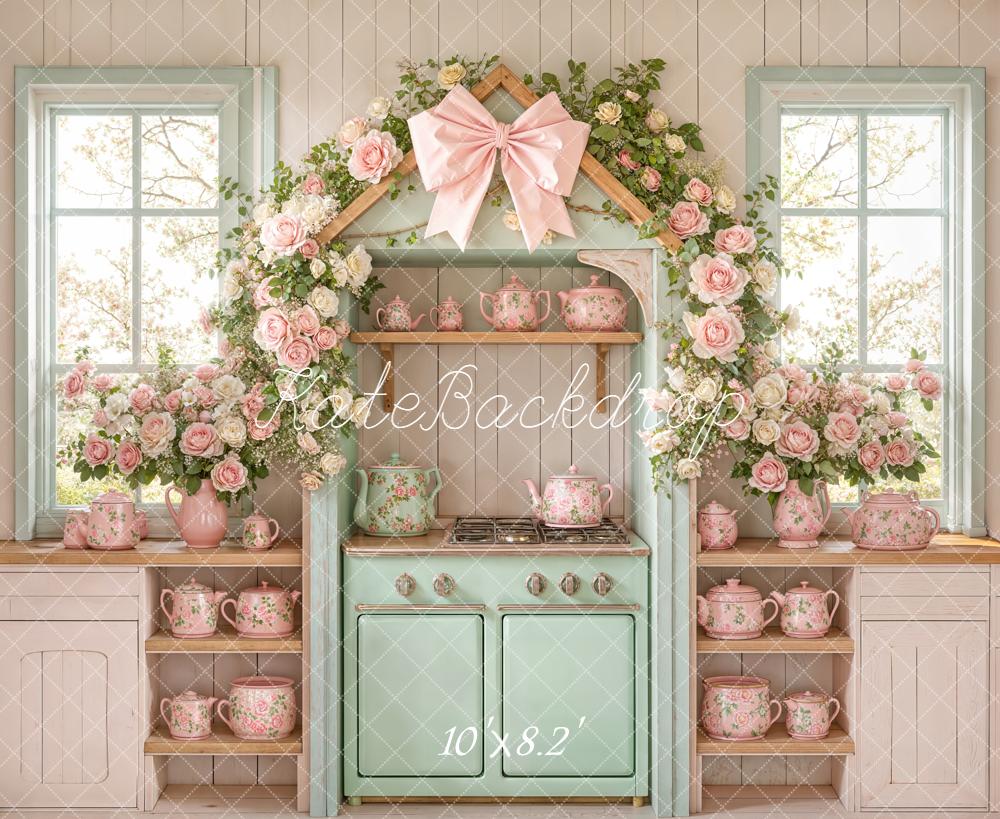 Kate Spring Flower Arch Vintage Kitchen Pastel Teapots Backdrop Designed by Emetselch