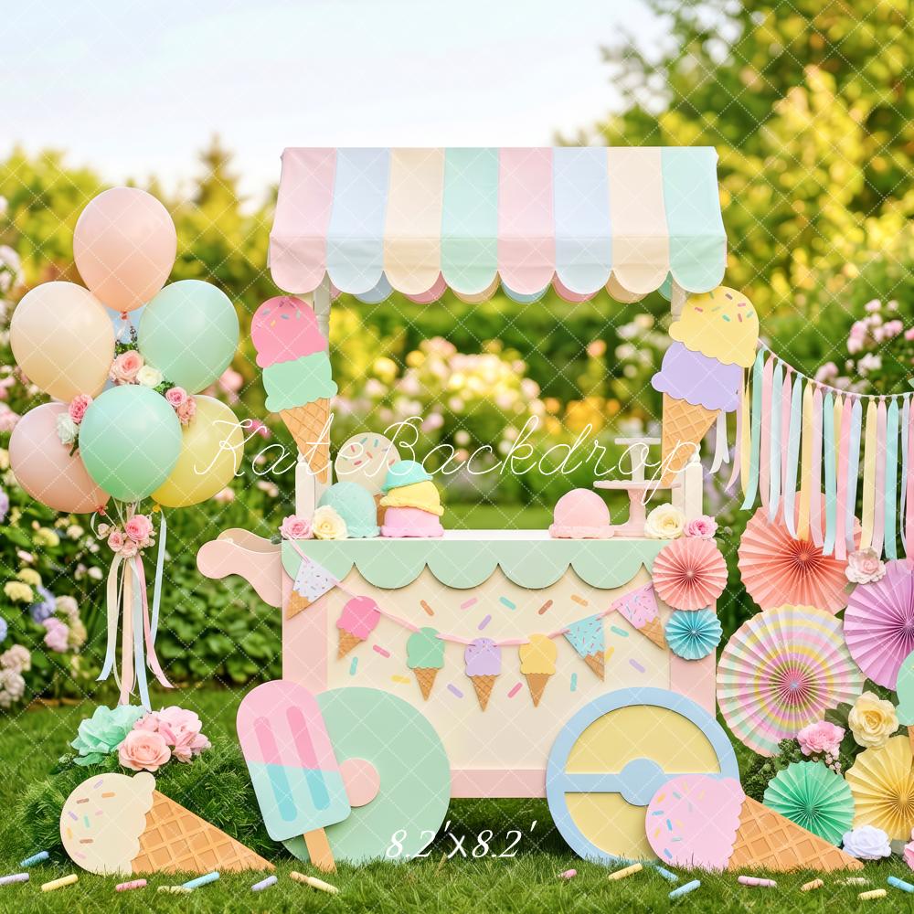 Kate Summer Garden Ice Cream Cart Pastel Balloons Flowers Kids Printed Backdrop Designed by Patty Roberts