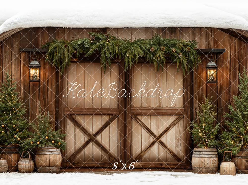 Kate Christmas Brown Barn Door Pine Trees Snow Backdrop Designed by Emetselch
