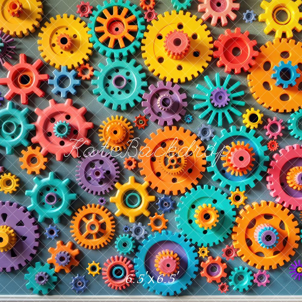 Kate Colorful Gears and Cogs Pattern Printed Backdrop Designed by Laura Bybee