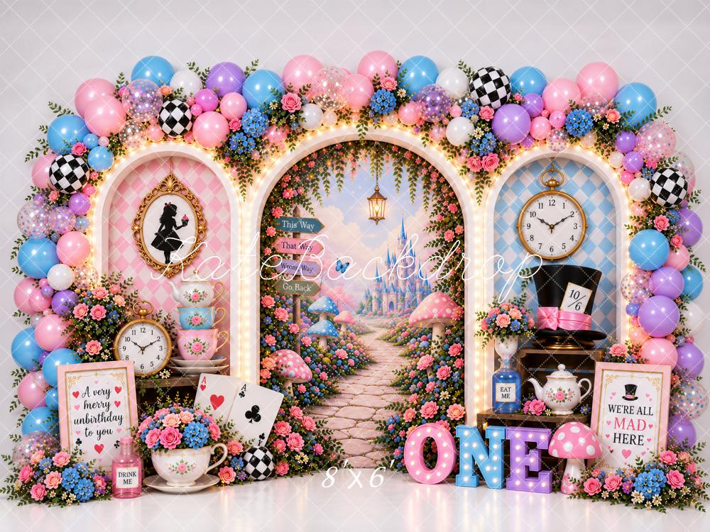 Kate First Birthday Whimsical Wonderland Tea Party Balloon Arch Printed Backdrop Designed by Ashley Paul
