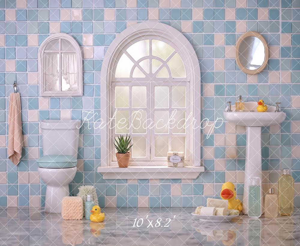 Kate Summer Blue Bathroom Tile Window Sink Toilet Rubber Duck Printed Backdrop Designed by Emetselch