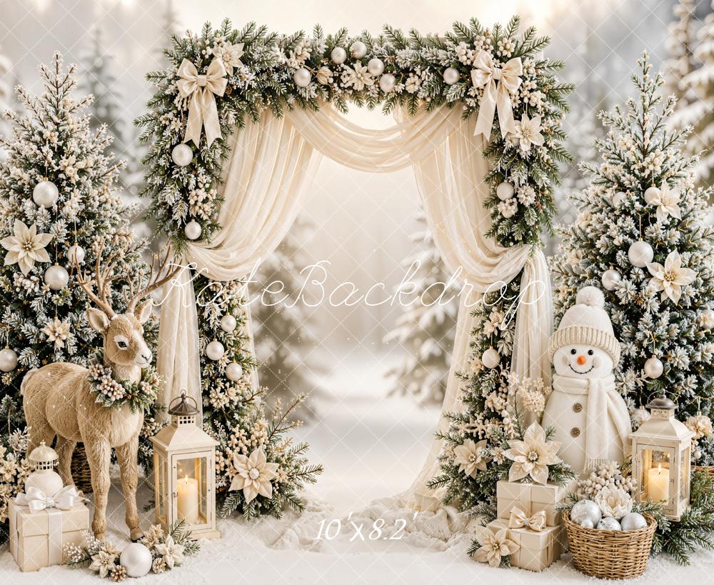 Kate Christmas Trees Floral Arch Reindeer Snowman Snowy Printed Backdrop Designed by Emetselch