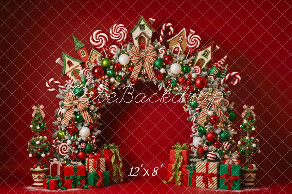 Kate Christmas Red Candy Cane Arch Gingerbread Houses Printed Backdrop Designed by Patty Roberts