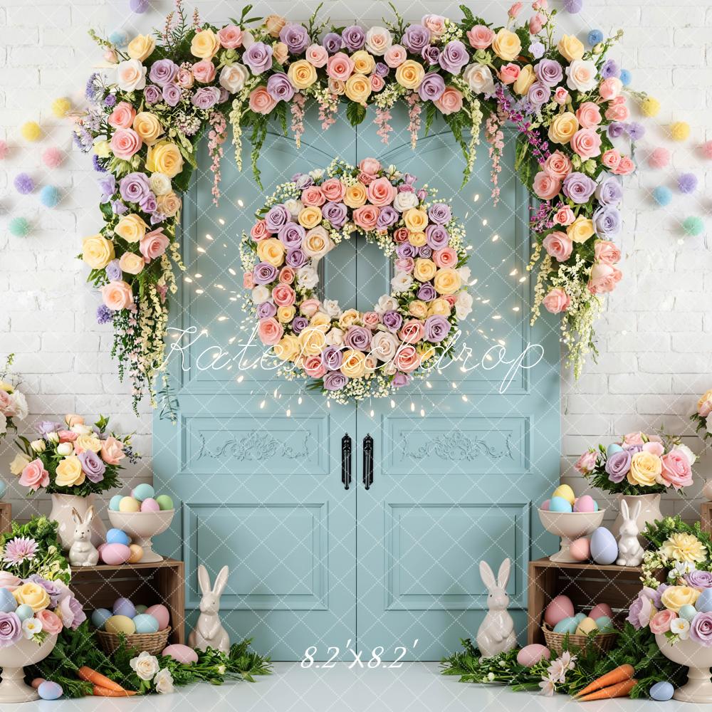 Kate Easter Bunny Flower Arch Pastel Eggs Blue Door Backdrop Designed by Mini MakeBelieve