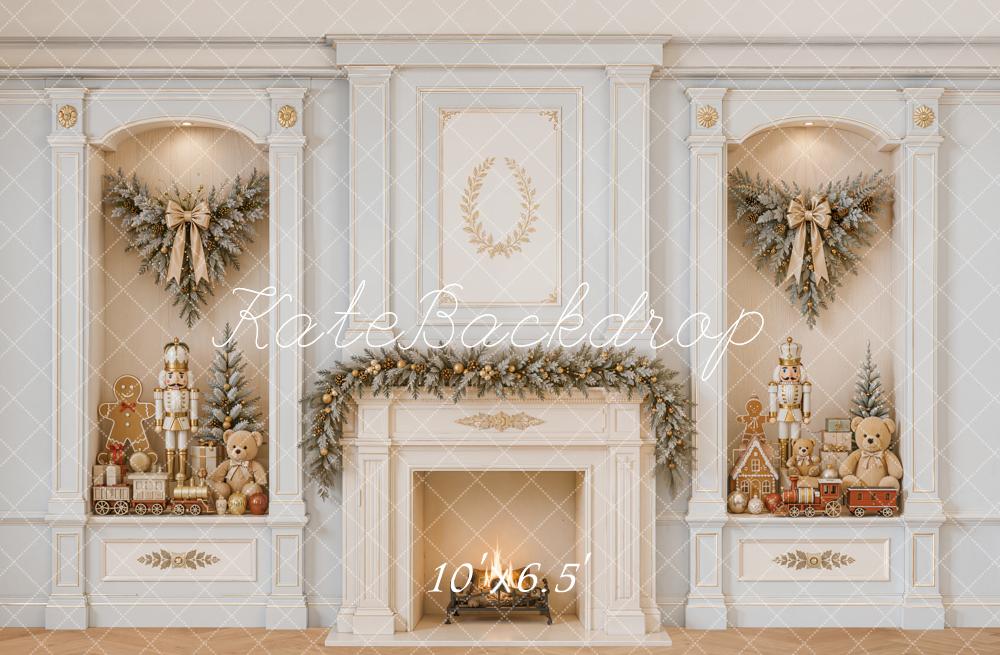 Kate Christmas Fireplace Retro Wall Nutcracker Garland Gingerbread Printed Backdrop Designed by Emetselch