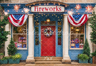 Kate Independence Day Fireworks Storefront Flag Printed Backdrop Designed by Emetselch