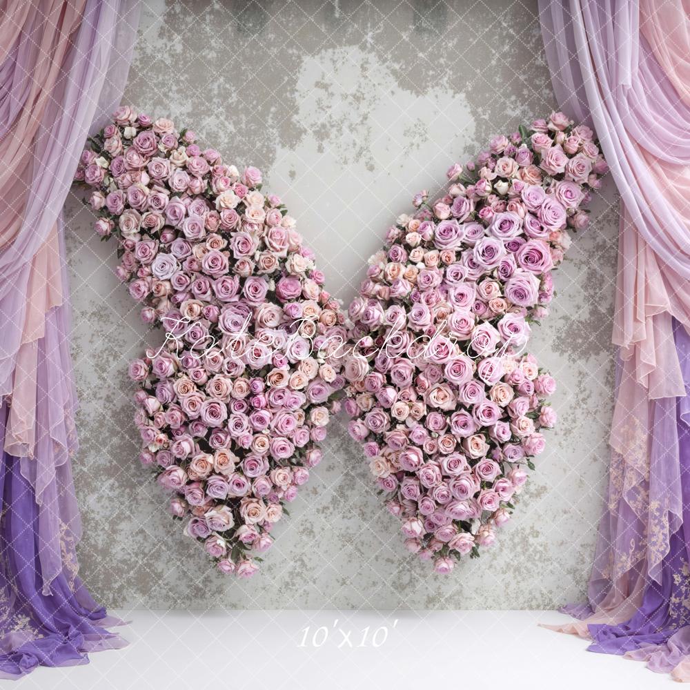 Kate Pink Rose Wings with Lavender Drapes Printed Backdrop Designed by Mini MakeBelieve