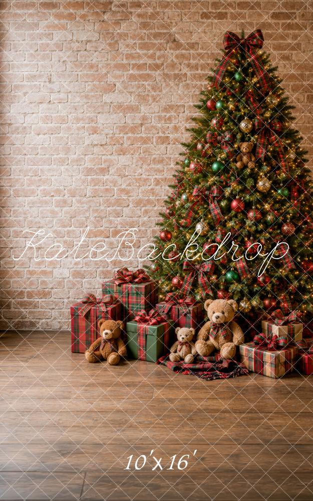 Kate Sweep Christmas Tree Teddy Bears Presents Brick Wall Printed Backdrop Designed by Megan Leigh Photography