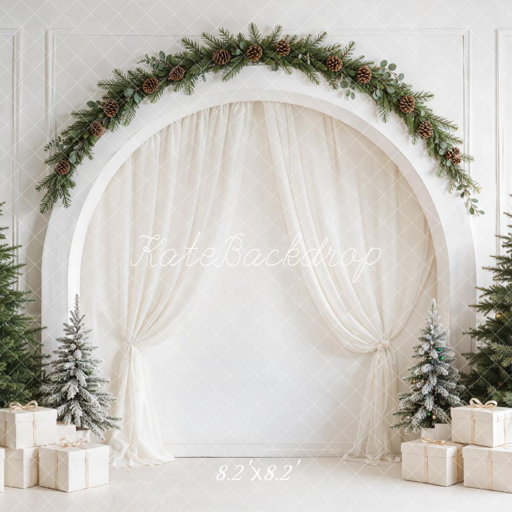 Kate Christmas Minimalist White Arched Wall Pine Tree Gift Printed Backdrop Designed by Emetselch