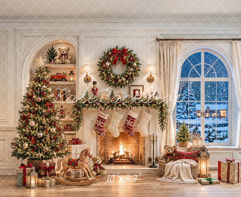 Kate Christmas White Fireplace Tree Wreath Toys Window Printed Backdrop Designed by Emetselch