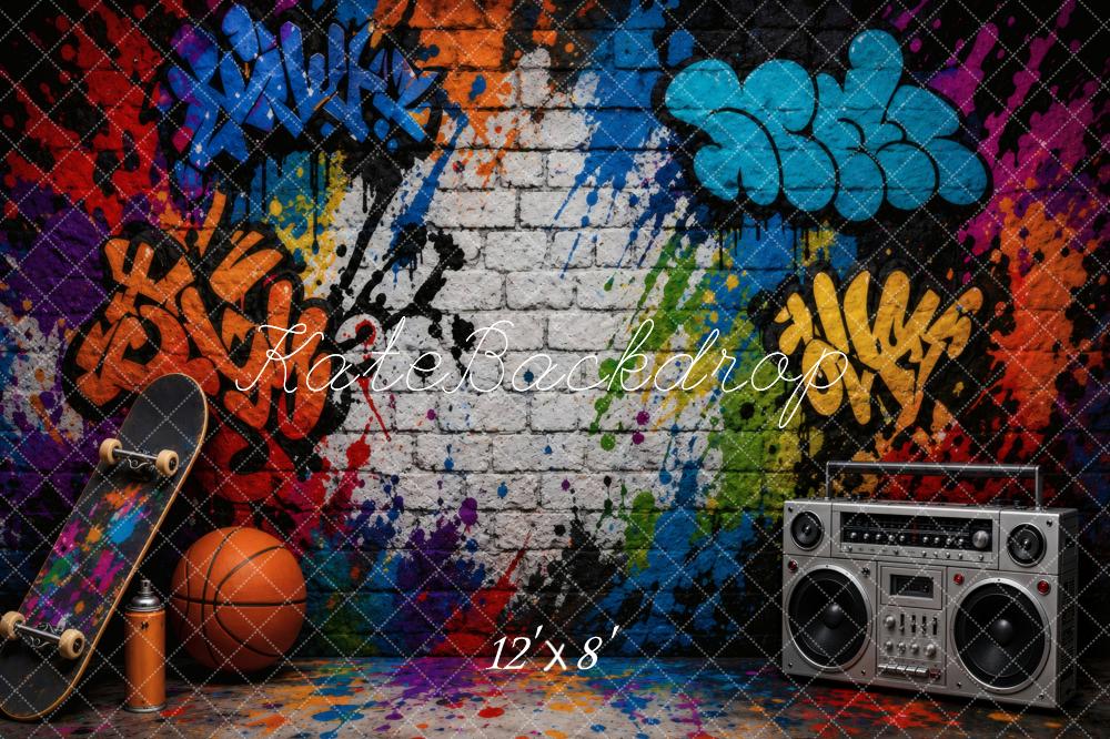 Kate Graffiti Brick Wall Skateboard Basketball Boombox Printed Backdrop Designed by Vertigo Productions