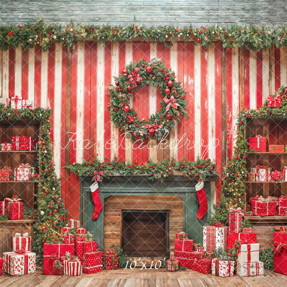 Kate Christmas Fireplace Red Wooden Wall Gifts Backdrop Designed by Emetselch