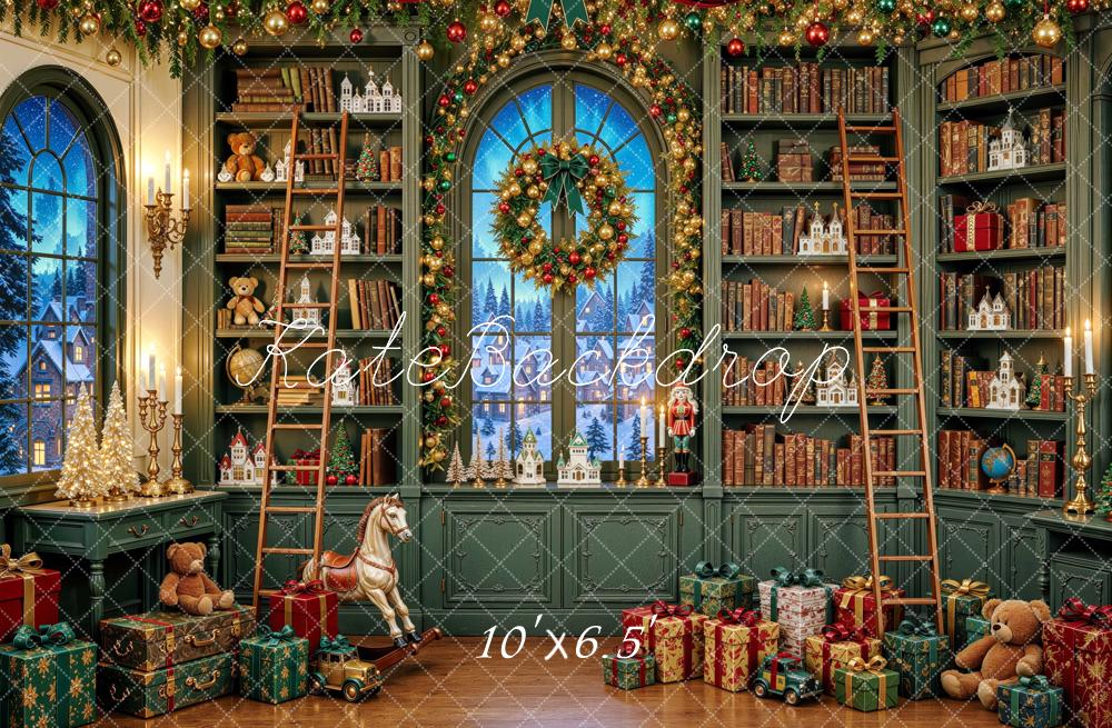 Kate Christmas Green Library Bookshelves Wreath Gifts Printed Backdrop Designed by Mini MakeBelieve