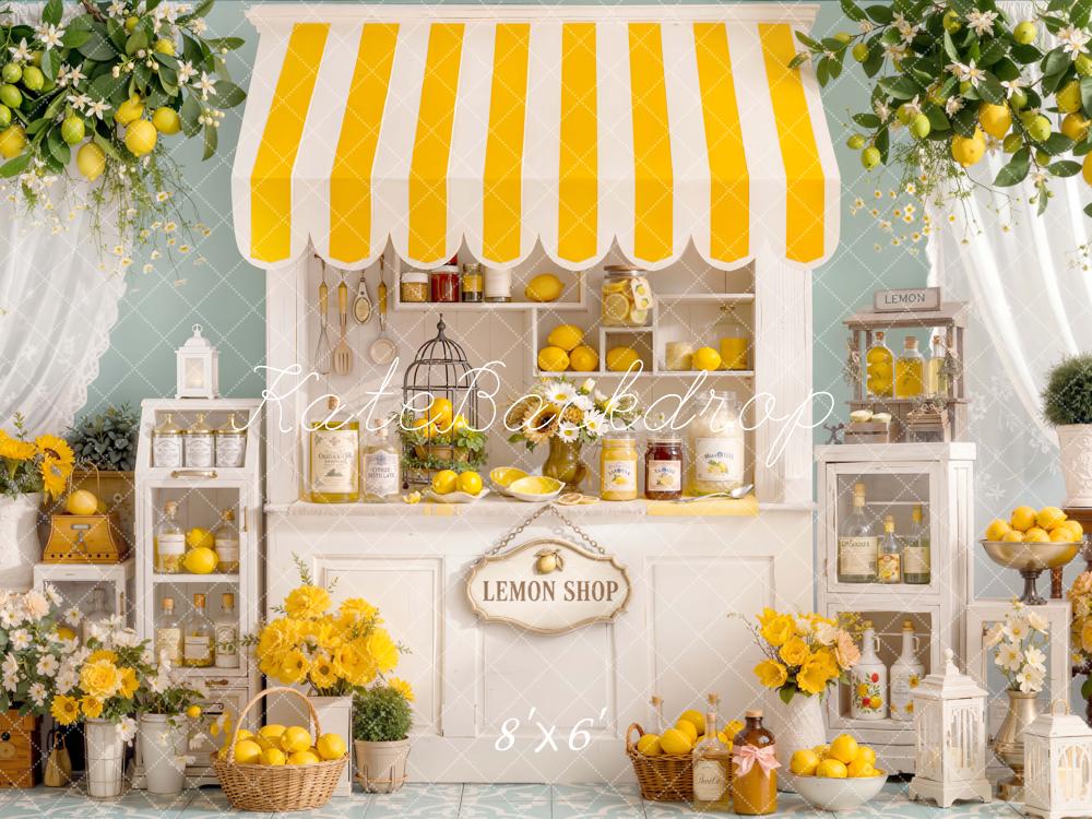 Kate Summer Lemon Shop Yellow Striped Awning Flowers Shelves Printed Backdrop Designed by Emetselch