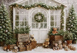 Kate Christmas Tree Teddy Bear White Cabin Printed Backdrop Designed by Patty Roberts