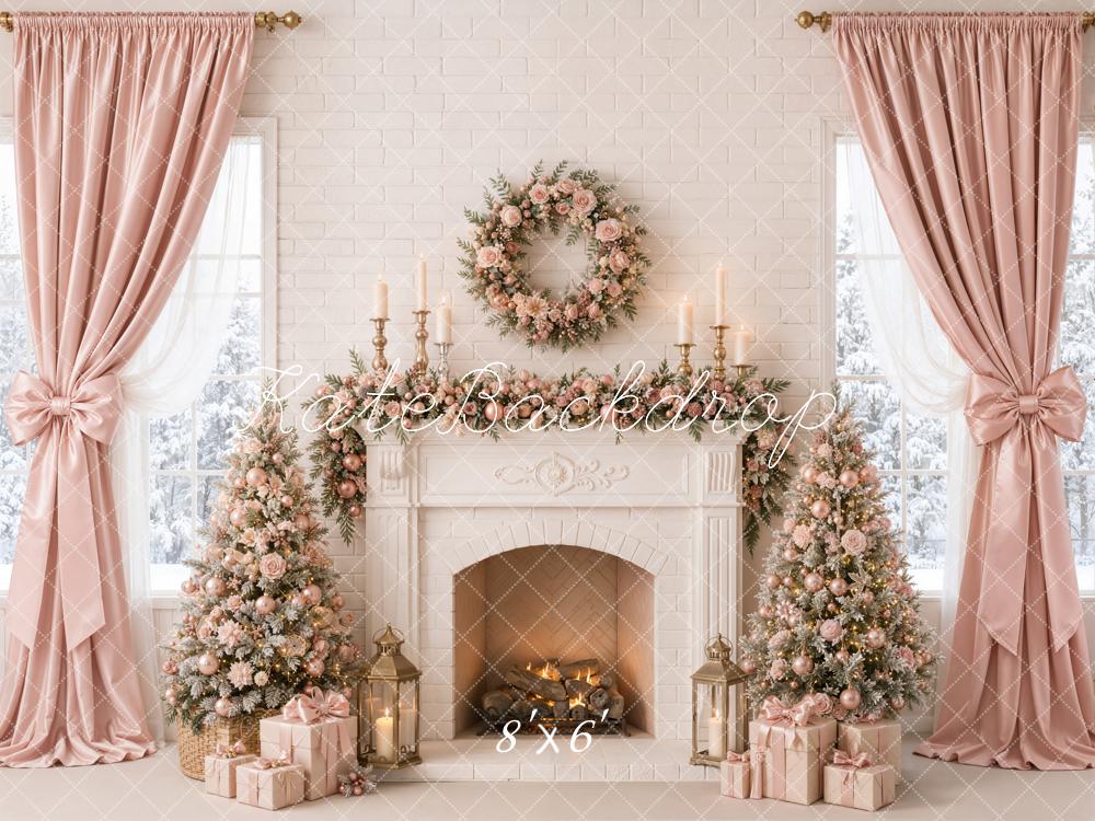 Kate Christmas Tree Pink Curtains Floral Fireplace Wreath Printed Backdrop Designed by Emetselch