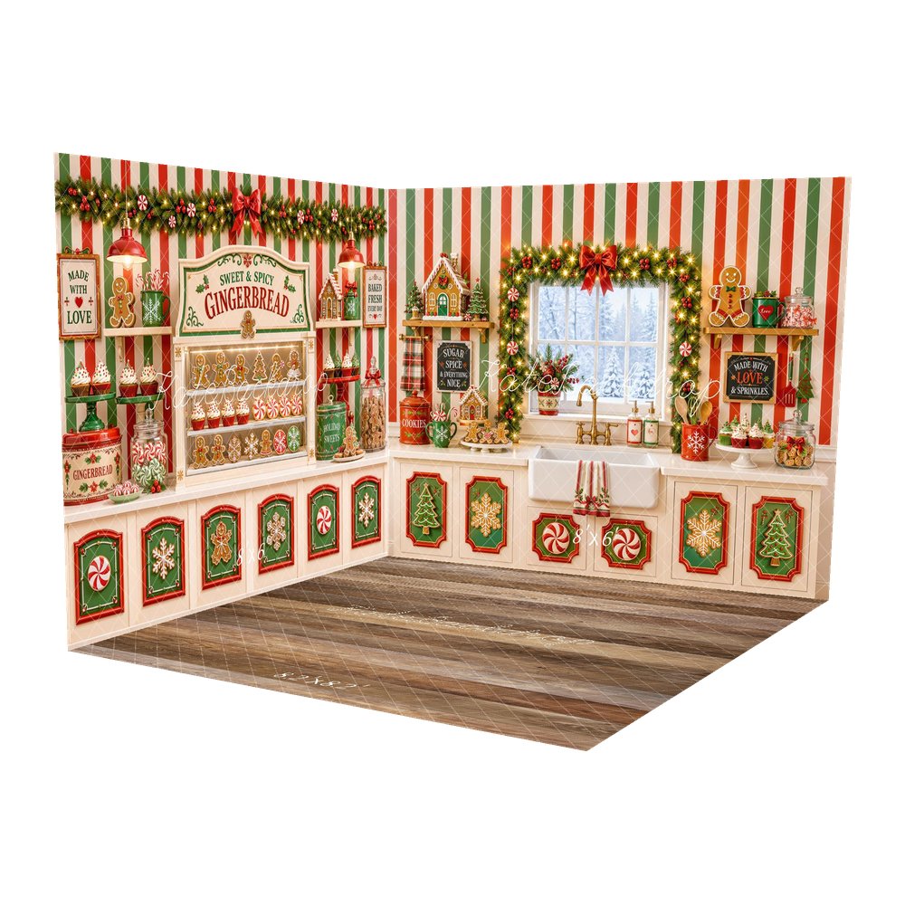 Kate Christmas Kitchen Gingerbread Cookies Peppermint Garland Printed Backdrop Room Set
