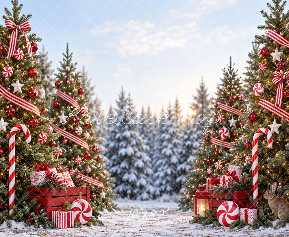 Kate Christmas Candy Cane Trees And Gifts Printed Backdrop Designed by Vertigo Productions
