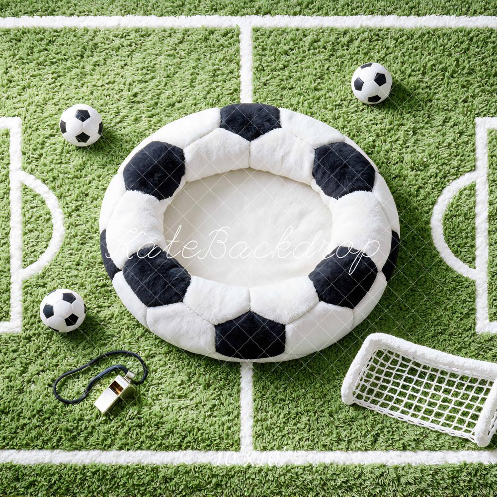 Kate Newborn Soccer Field Green Grass Soccer Ball Goal Printed Backdrop Designed by Mini MakeBelieve