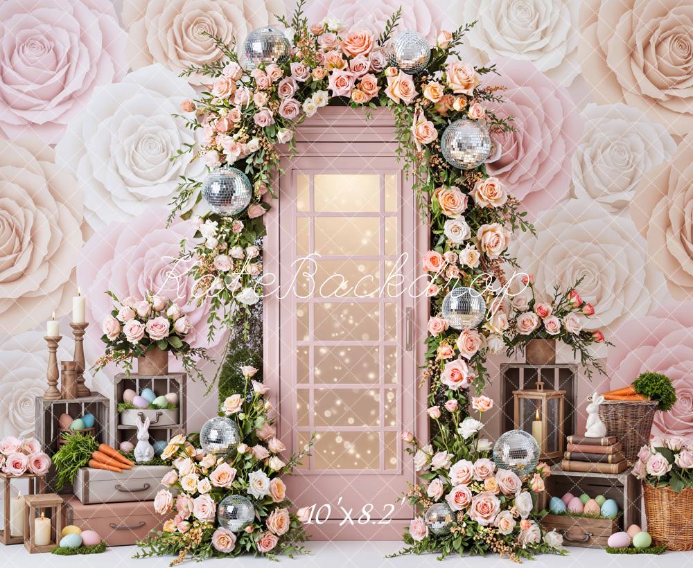 Kate Easter Bunny Flower Arch Pastel Roses Printed Backdrop Designed by Mini MakeBelieve