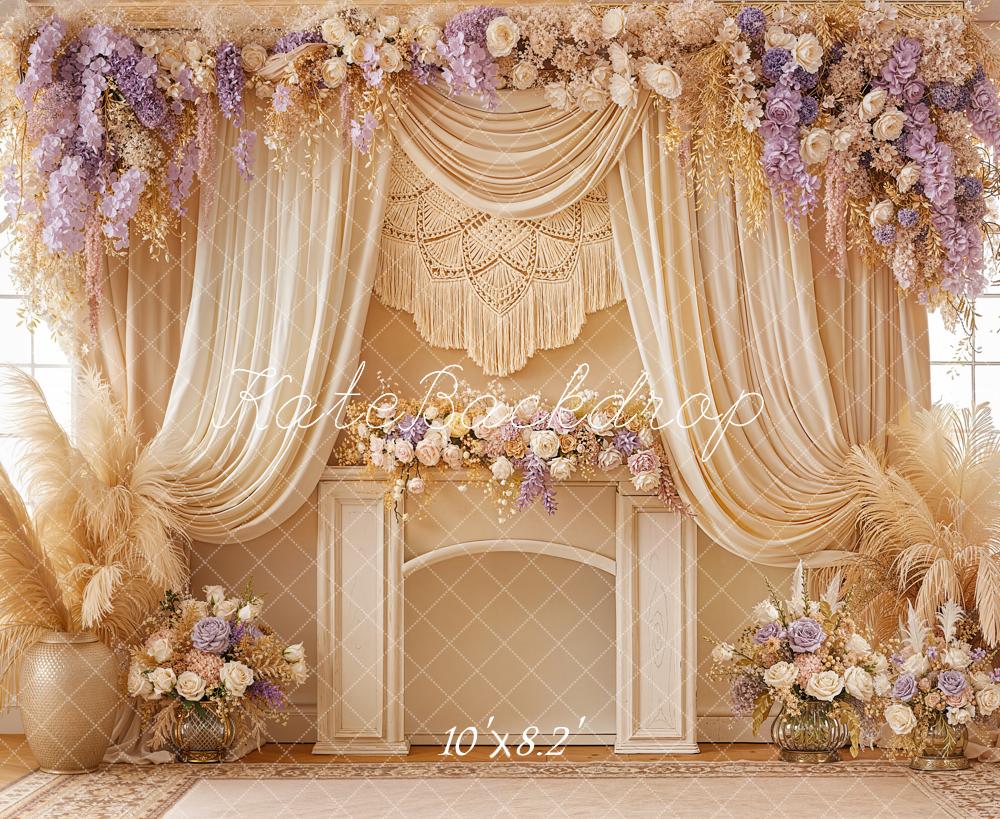 TEST Kate Boho Flower Arch Beige Purple Drapes Macrame Pampas Grass Backdrop Designed by Emetselch
