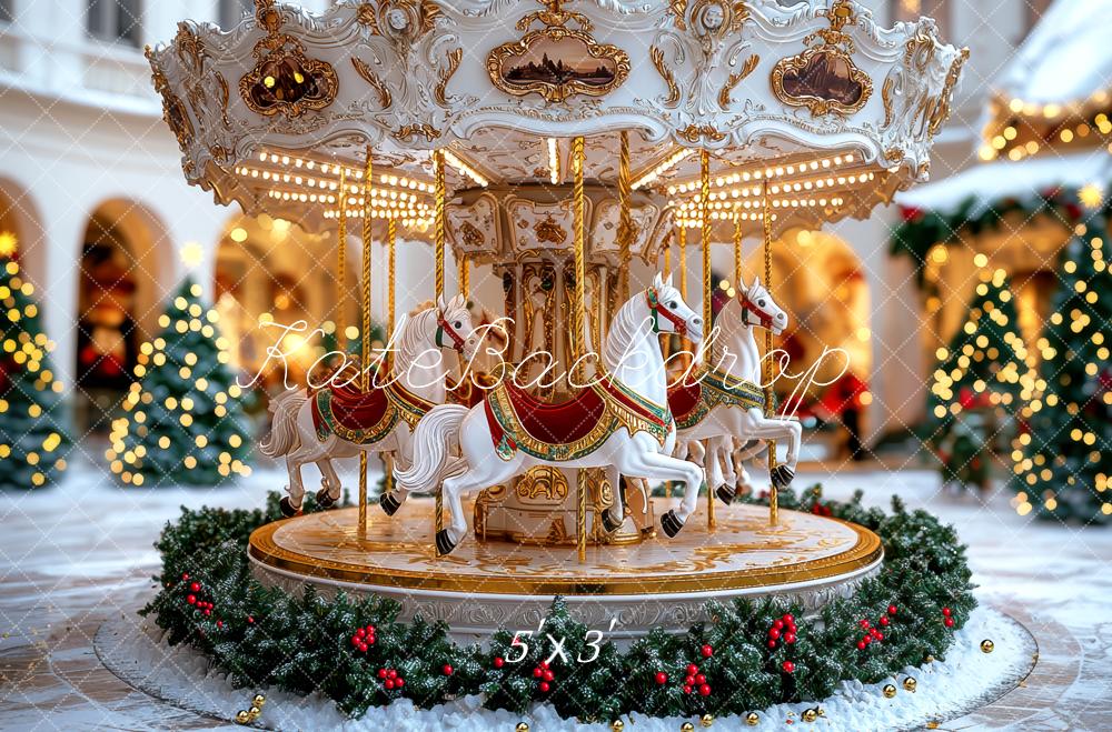 Kate Christmas Carousel Horses Garland Snow Exterior Backdrop Designed