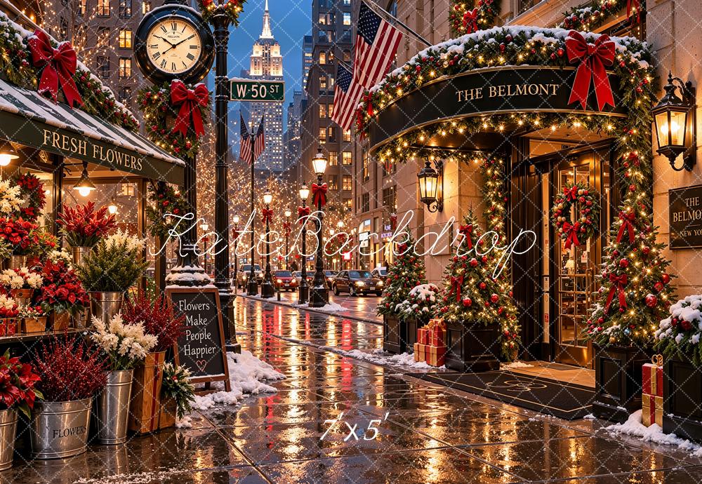 Kate Christmas Snowy New York City Flower Shop Street Printed Backdrop Designed by Shutter Swan Studios