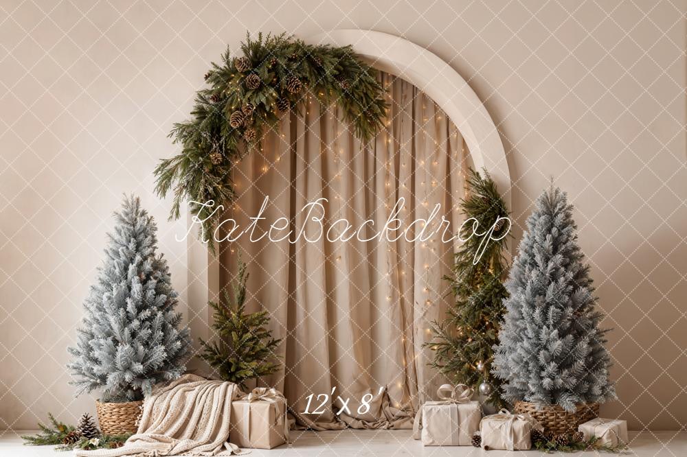 Kate Christmas Pine Arch Beige Drapes Garland Trees Gifts Printed Backdrop Designed by Emetselch