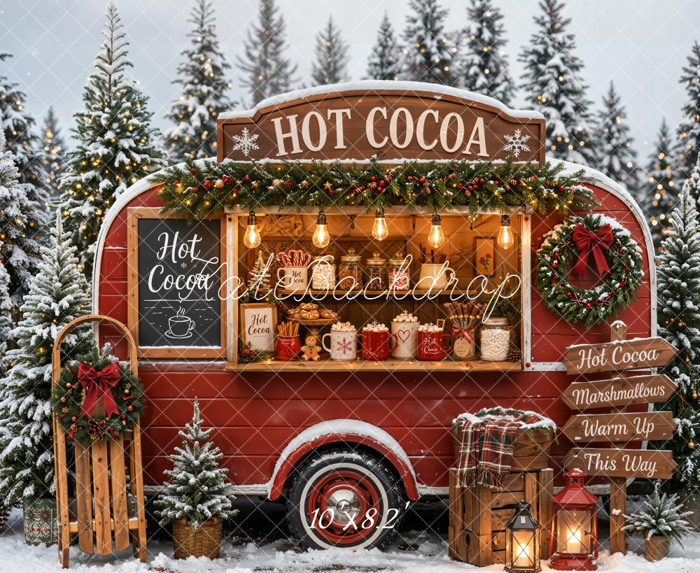 Kate Christmas Hot Cocoa Red Camper Van Snowy Forest Printed Backdrop Designed by Emetselch