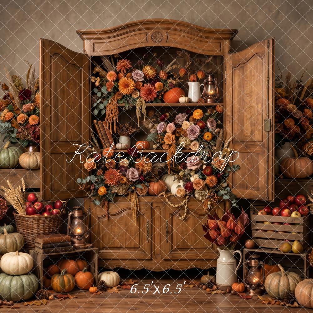 Kate Fall Brown Pumpkin Flower Vintage Cabinet Printed Backdrop Designed by Patty Roberts