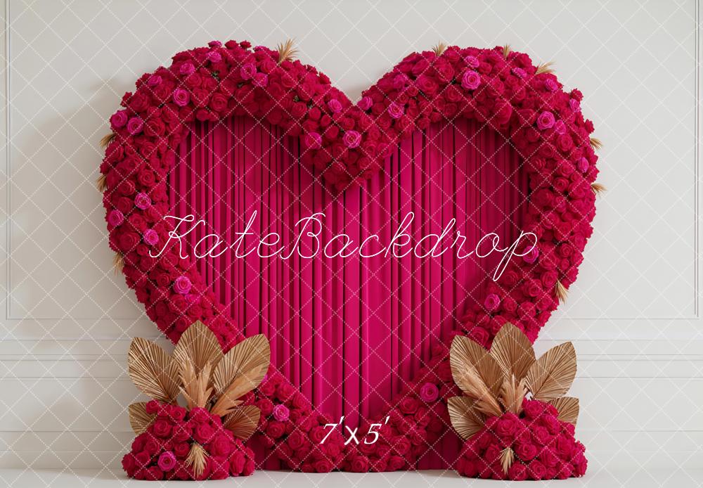 Kate Valentines Heart Flower Arch Pink Roses Gold Leaves Backdrop Designed by Mini MakeBelieve