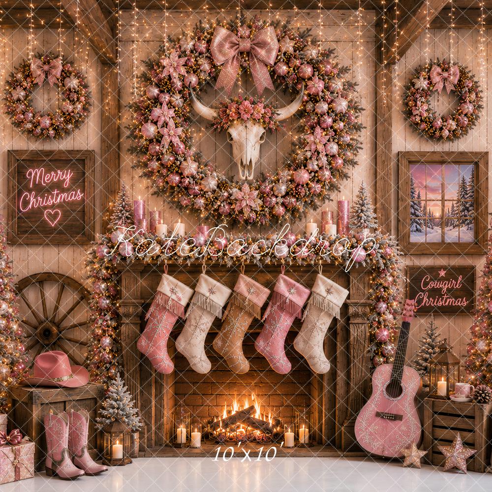 Kate Christmas Pink Rustic Fireplace Bull Skull Printed Backdrop Designed by Ashley Paul