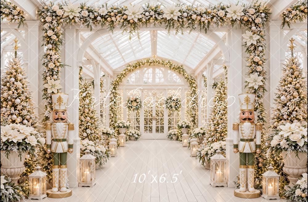 Kate Christmas White Floral Greenhouse Nutcracker Conservatory Printed Backdrop Designed by Emetselch